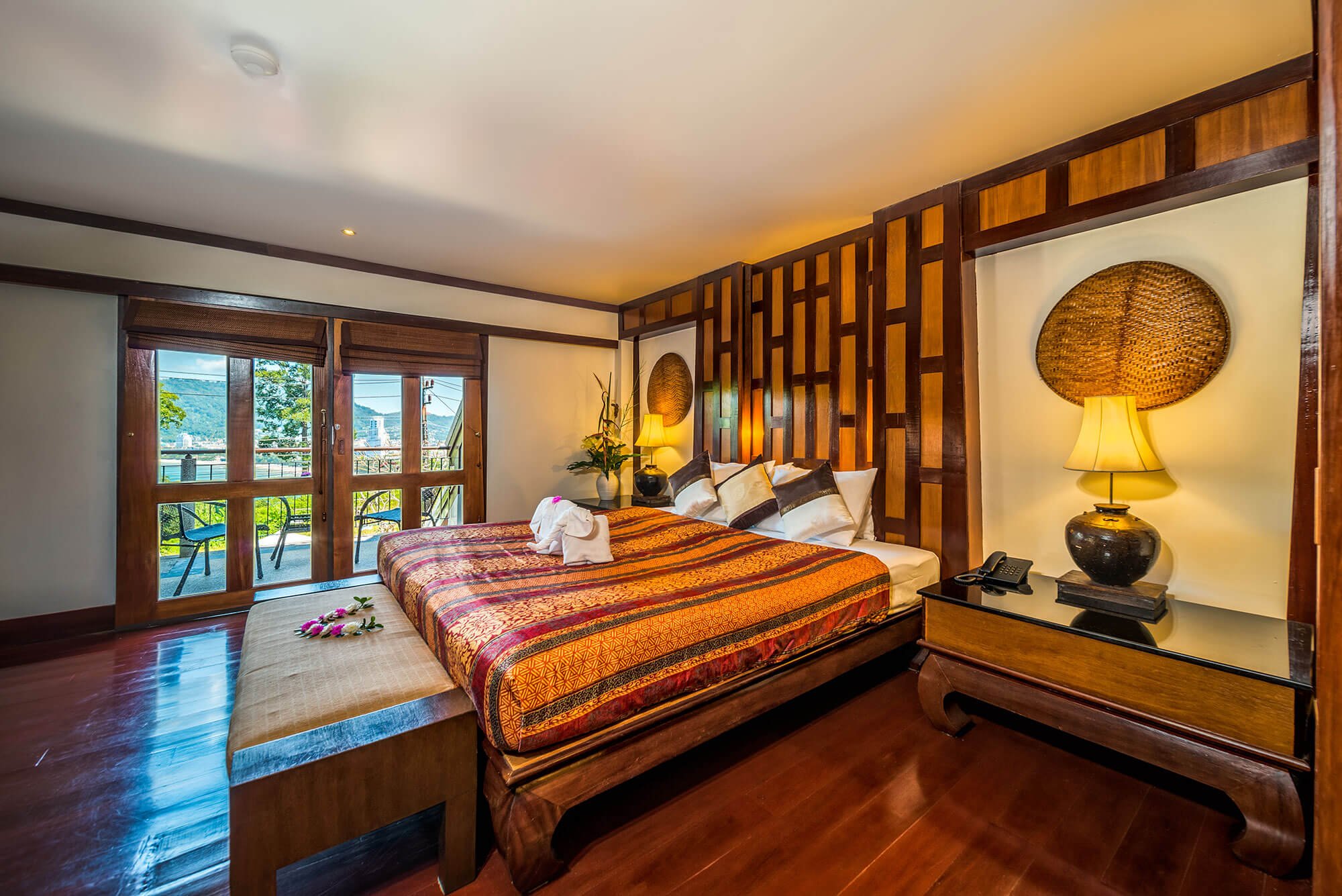Warm-lit teak room